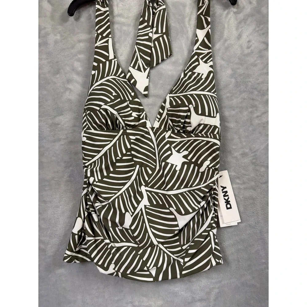 NWT DKNY Tankini Swim Top Womens Olive Green Tropical Palm Leaf Halter Small $60